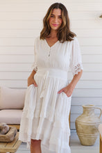 Load image into Gallery viewer, Alize Lace Detail Shirred Waist Swiss Dot Midi Dress