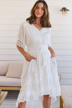 Load image into Gallery viewer, Alize Lace Detail Shirred Waist Swiss Dot Midi Dress