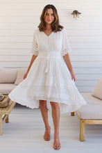 Load image into Gallery viewer, Alize Lace Detail Shirred Waist Swiss Dot Midi Dress