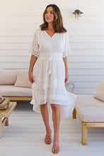 Load image into Gallery viewer, Alize Lace Detail Shirred Waist Swiss Dot Midi Dress