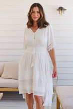 Load image into Gallery viewer, Alize Lace Detail Shirred Waist Swiss Dot Midi Dress