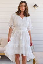 Load image into Gallery viewer, Alize Lace Detail Shirred Waist Swiss Dot Midi Dress