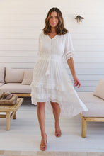 Load image into Gallery viewer, Alize Lace Detail Shirred Waist Swiss Dot Midi Dress