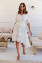 Load image into Gallery viewer, Alize Lace Detail Shirred Waist Swiss Dot Midi Dress