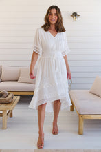 Load image into Gallery viewer, Alize Lace Detail Shirred Waist Swiss Dot Midi Dress