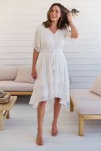 Load image into Gallery viewer, Alize Lace Detail Shirred Waist Swiss Dot Midi Dress