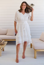 Load image into Gallery viewer, Alize Lace Detail Shirred Waist Swiss Dot Midi Dress