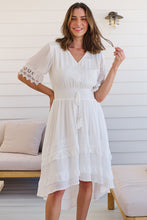 Load image into Gallery viewer, Alize Lace Detail Shirred Waist Swiss Dot Midi Dress