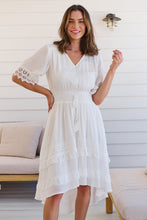 Load image into Gallery viewer, Alize Lace Detail Shirred Waist Swiss Dot Midi Dress