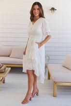 Load image into Gallery viewer, Alize Lace Detail Shirred Waist Swiss Dot Midi Dress