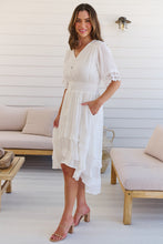 Load image into Gallery viewer, Alize Lace Detail Shirred Waist Swiss Dot Midi Dress