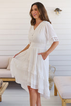 Load image into Gallery viewer, Alize Lace Detail Shirred Waist Swiss Dot Midi Dress