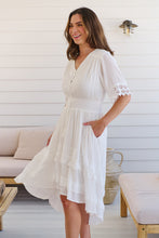 Load image into Gallery viewer, Alize Lace Detail Shirred Waist Swiss Dot Midi Dress