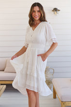 Load image into Gallery viewer, Alize Lace Detail Shirred Waist Swiss Dot Midi Dress