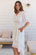 Load image into Gallery viewer, Alize Lace Detail Shirred Waist Swiss Dot Midi Dress