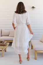 Load image into Gallery viewer, Alize Lace Detail Shirred Waist Swiss Dot Midi Dress