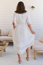 Load image into Gallery viewer, Alize Lace Detail Shirred Waist Swiss Dot Midi Dress