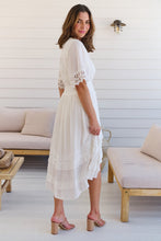 Load image into Gallery viewer, Alize Lace Detail Shirred Waist Swiss Dot Midi Dress