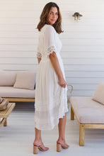 Load image into Gallery viewer, Alize Lace Detail Shirred Waist Swiss Dot Midi Dress