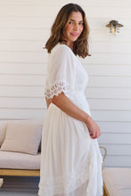 Load image into Gallery viewer, Alize Lace Detail Shirred Waist Swiss Dot Midi Dress