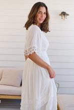 Load image into Gallery viewer, Alize Lace Detail Shirred Waist Swiss Dot Midi Dress