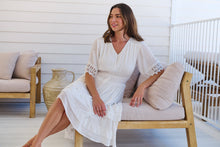 Load image into Gallery viewer, Alize Lace Detail Shirred Waist Swiss Dot Midi Dress