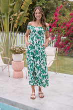 Load image into Gallery viewer, Gigi Off Shoulder Green/White Floral Print Shirred Maxi Dress