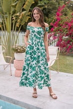 Load image into Gallery viewer, Gigi Off Shoulder Green/White Floral Print Shirred Maxi Dress