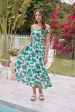 Load image into Gallery viewer, Gigi Off Shoulder Green/White Floral Print Shirred Maxi Dress