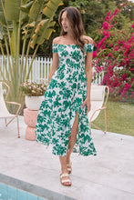 Load image into Gallery viewer, Gigi Off Shoulder Green/White Floral Print Shirred Maxi Dress