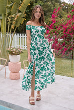 Load image into Gallery viewer, Gigi Off Shoulder Green/White Floral Print Shirred Maxi Dress