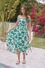 Load image into Gallery viewer, Gigi Off Shoulder Green/White Floral Print Shirred Maxi Dress