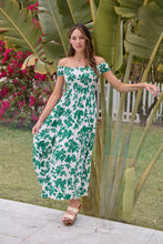 Load image into Gallery viewer, Gigi Off Shoulder Green/White Floral Print Shirred Maxi Dress