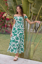 Load image into Gallery viewer, Gigi Off Shoulder Green/White Floral Print Shirred Maxi Dress