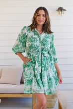 Load image into Gallery viewer, Gabrielle 3/4 Sleeve White/Green Print Collared Dress