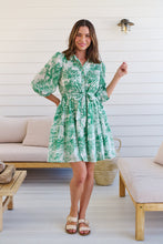 Load image into Gallery viewer, Gabrielle 3/4 Sleeve White/Green Print Collared Dress