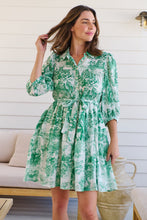 Load image into Gallery viewer, Gabrielle 3/4 Sleeve White/Green Print Collared Dress