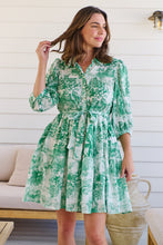 Load image into Gallery viewer, Gabrielle 3/4 Sleeve White/Green Print Collared Dress