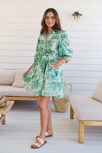 Load image into Gallery viewer, Gabrielle 3/4 Sleeve White/Green Print Collared Dress