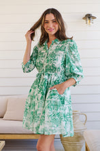 Load image into Gallery viewer, Gabrielle 3/4 Sleeve White/Green Print Collared Dress