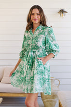 Load image into Gallery viewer, Gabrielle 3/4 Sleeve White/Green Print Collared Dress
