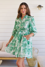 Load image into Gallery viewer, Gabrielle 3/4 Sleeve White/Green Print Collared Dress