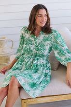 Load image into Gallery viewer, Gabrielle 3/4 Sleeve White/Green Print Collared Dress