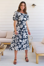 Load image into Gallery viewer, TeeTee Shirred Waist Bold Navy Floral Dress