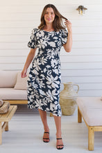 Load image into Gallery viewer, TeeTee Shirred Waist Bold Navy Floral Dress