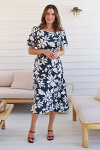 Load image into Gallery viewer, TeeTee Shirred Waist Bold Navy Floral Dress