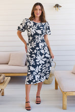 Load image into Gallery viewer, TeeTee Shirred Waist Bold Navy Floral Dress