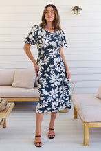 Load image into Gallery viewer, TeeTee Shirred Waist Bold Navy Floral Dress