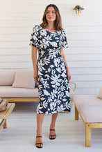 Load image into Gallery viewer, TeeTee Shirred Waist Bold Navy Floral Dress