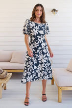 Load image into Gallery viewer, TeeTee Shirred Waist Bold Navy Floral Dress